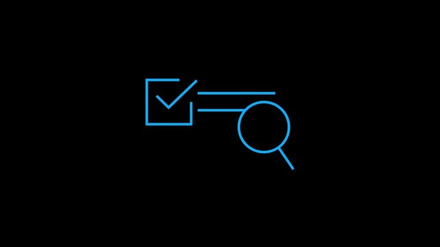 Animated blue line icon showing a checklist with a magnifying glass search feature.