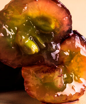A close up of a grape split in two