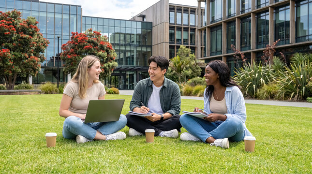 International students sitting on green campus lawn and chatting together, study in New Zealand and higher education concept.
