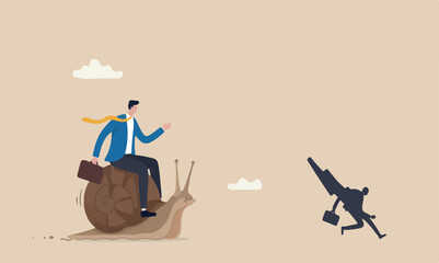 Slow mistake, businessman idiot leader riding slow snail never reach goal, losing competition © Nazma