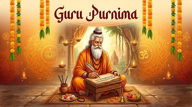 Guru purnima hindu religious festival poster with sage writing sacred manuscript on orange mandala background with marigold garlands and traditional devotion ceremony