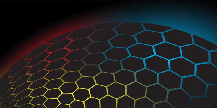 Abstract futuristic background featuring a curved hexagonal grid sphere illuminated with vibrant neon gradients. Perfect for technology themes