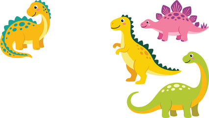 Cute Cartoon Dinosaur Character Set with T-Rex Brachiosaurus Stegosaurus and Diplodocus for Kids Nursery Patterns and Birthday Party Invitation Vector Design © MdSaddam
