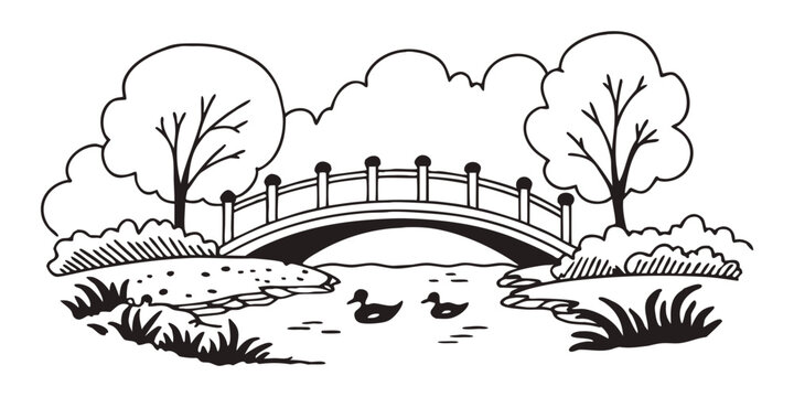 Line art illustration of a stone arch bridge over a stream with trees and foliage black and white