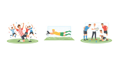 Fototapeta premium Dynamic panels illustrating key soccer moments including team celebration, goalkeeper save, and tactical training.