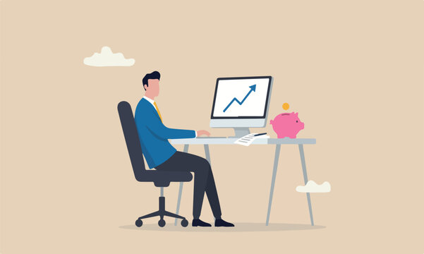 Succes development, work satisfaction concept, happy businessman working office computer desk