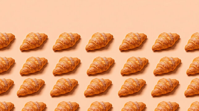Fresh golden croissants arranged in a neat grid pattern on a solid soft peach background with copy