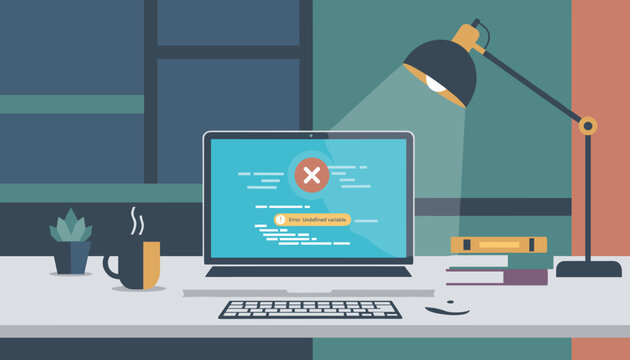 Workplace home office desk setup with a laptop displaying a red error message under the light of a desk lamp.