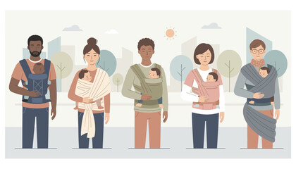 Obraz premium Diverse parents wearing different styles of baby wraps and carriers while standing outdoors in an urban park.