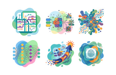 Naklejka premium Abstract Data Processing Technology Icons Collection Featuring Digital Network Connectivity