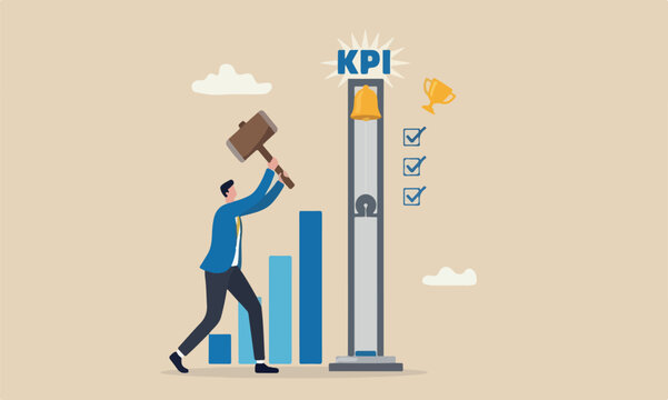 Strength tester key to measure success, achievement or winning score concept, businessman hit strength tester with big hammer to reach top