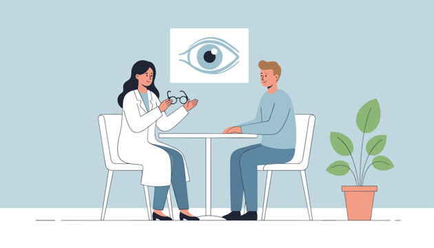 Professional female ophthalmologist showing glasses to a male patient during an eye exam in her clean clinic office.