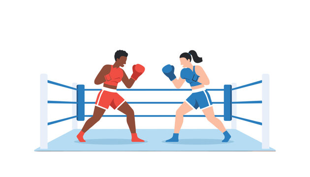 Two strong female boxers wearing protective gear competing inside a boxing ring in front of a clean background.