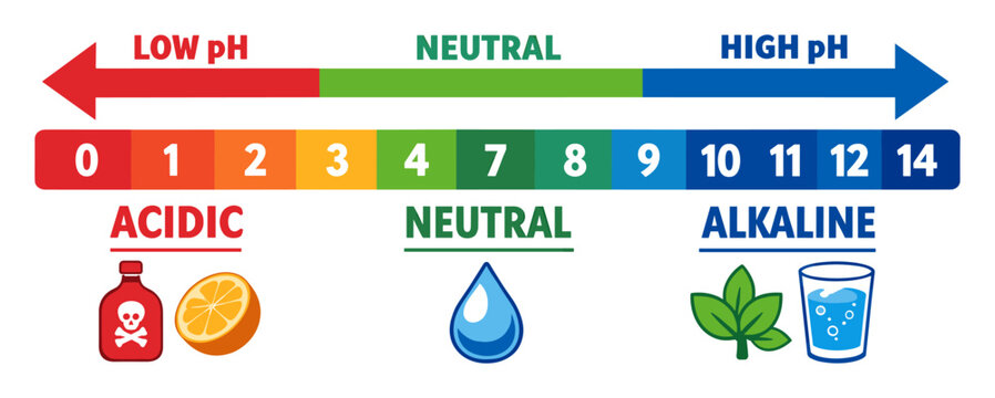 Displaying a pH scale chart, it labels acidic, neutral and alkaline compounds with color-coded numerical values