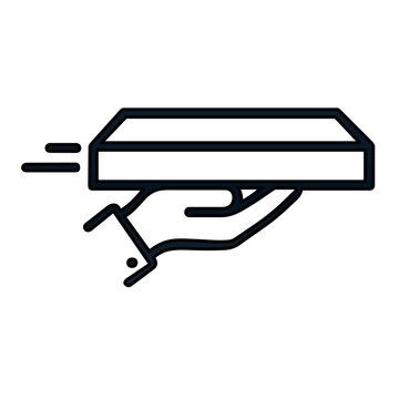 Clean flat vector line icon of a closed pizza delivery box, useful for takeout ordering apps, restaurant menus, courier services, or food packaging.