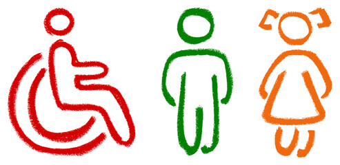 Fototapeta premium Male Female Disabled Toilet Icons Crayon Chalk Drawing Doodle Vector Set
