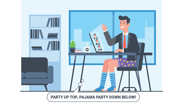 Humorous depiction of remote work with a man wearing a formal suit top and colorful pajama shorts during a video call.