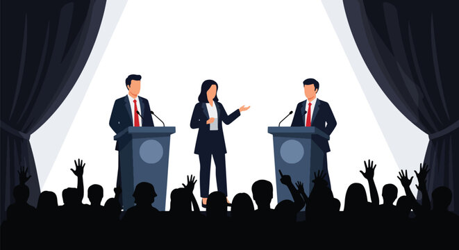 Flat style vector illustration of political candidates participating in a moderated debate forum before a live audience. Perfect for election campaigns, democracy awareness, government communication