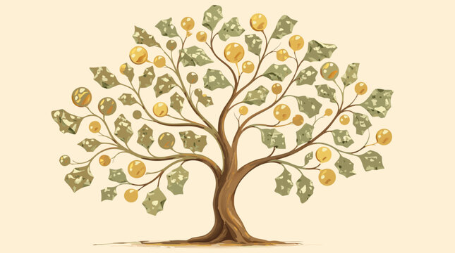 An ornamental money tree with dollar bill leaves and golden coins grows on a warm cream background in this charming clean flat vector illustration, ideal for investment, savings, and wealth themed con