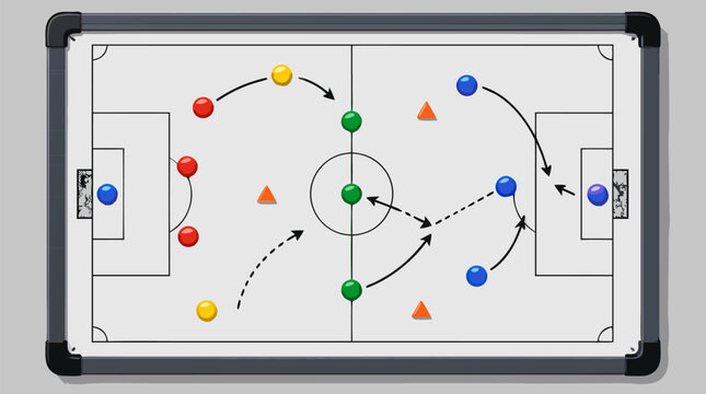 A whiteboard tactical coach board featuring a soccer pitch layout with colored magnets and hand-drawn play arrows is rendered in this practical clean flat vector illustration on a light background for