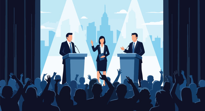 Flat style vector illustration of political candidates participating in a moderated debate forum before a live audience. Perfect for election campaigns, democracy awareness, government communication