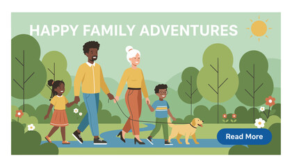Naklejka premium Happy diverse family with two kids walking their golden retriever dog along a park trail on a bright sunny day.