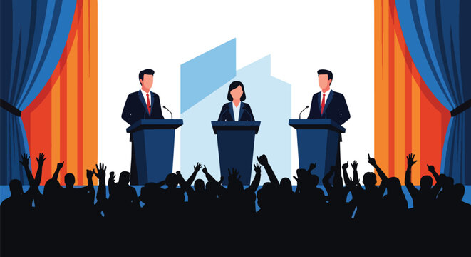Flat style vector illustration of political candidates participating in a moderated debate forum before a live audience. Perfect for election campaigns, democracy awareness, government communication
