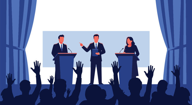 Flat style vector illustration of political candidates participating in a moderated debate forum before a live audience. Perfect for election campaigns, democracy awareness, government communication