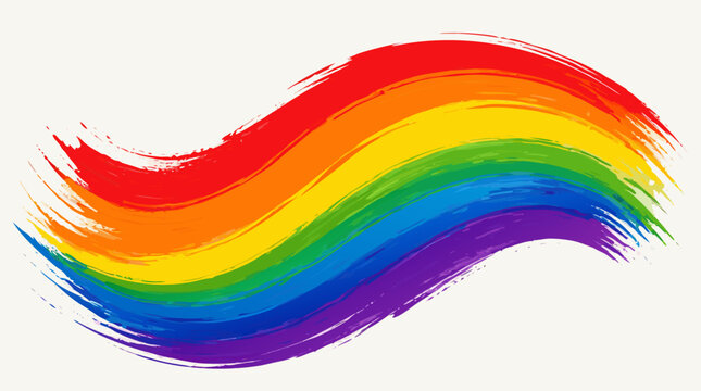 A thick sweeping paint brush stroke in full rainbow pride colors flows diagonally across a light background in this bold clean flat vector illustration, ideal for LGBTQ pride, art, and colorful creati