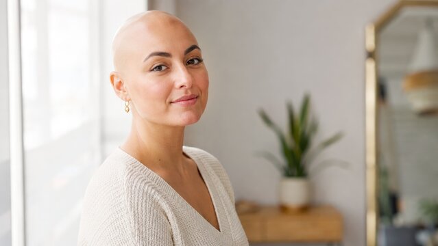 Smiling bald woman in a beige sweater posed in a bright, minimalist home interior with soft natural light