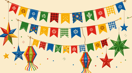 Obraz premium Colorful festive bunting flags and glowing paper lanterns with paper cut-out stars on a cream background representing Festa Junina Brazilian June celebration, a flat vector illustration.