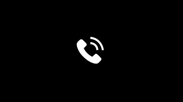 white Incoming call notification icon for phone communication alert. Call signal indicator for voice connection and ringing activity on black background. 4k video