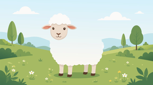 Cute white fluffy sheep standing in a green meadow with wildflowers and round stylized trees representing Eid al-Adha or pastoral farm life, a flat vector illustration on a light background.