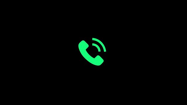 Incoming call notification icon for phone communication alert. Call signal indicator for voice connection and ringing activity on black background. 4k video