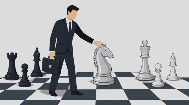 Faceless businessman crossing a giant chess board reaching to move a white knight piece, a flat vector illustration ideal for business strategy and leadership themes on a light background.