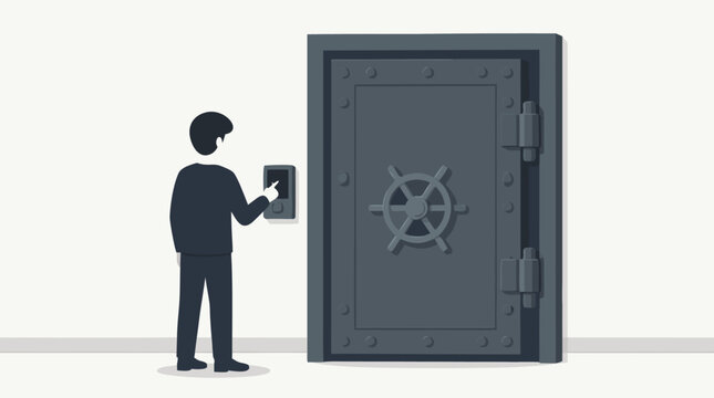 Faceless person entering a code on a keypad to open a heavy metal bank vault safe door, a flat vector illustration ideal for security and access control themes on a light background.