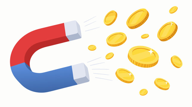 Classic red and blue horseshoe magnet attracting a cluster of flying gold coins on a cream background, a flat vector illustration perfect for wealth attraction and savings themes.