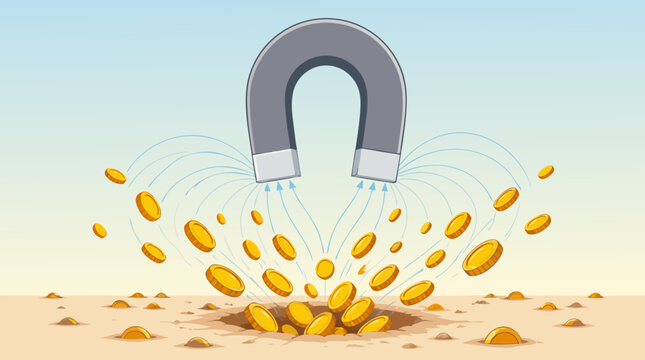 Grey horseshoe magnet above sandy ground pulling buried gold coins upward with magnetic field lines, a flat vector illustration ideal for treasure and wealth discovery themes on a light background.