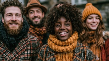 Fototapeta premium Five friends stand together and smile. They are wearing warm clothes like scarves and hats. scene is set in a city with old buildings in the background