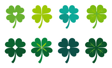 Fototapeta premium Four-leaf clover icons in multiple green hues, representing good luck, prosperity, and Irish heritage