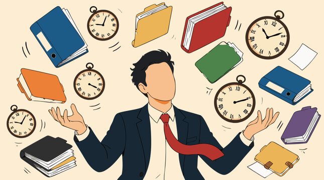 A faceless businessman in a suit juggling flying document folders and analog clock faces, symbolizing multitasking and time management, perfect for business productivity apps and corporate editorial d
