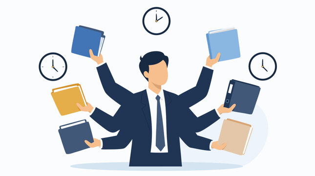 Faceless multitasking businessman juggling multiple folders and clocks in a clean flat vector illustration on a light background.