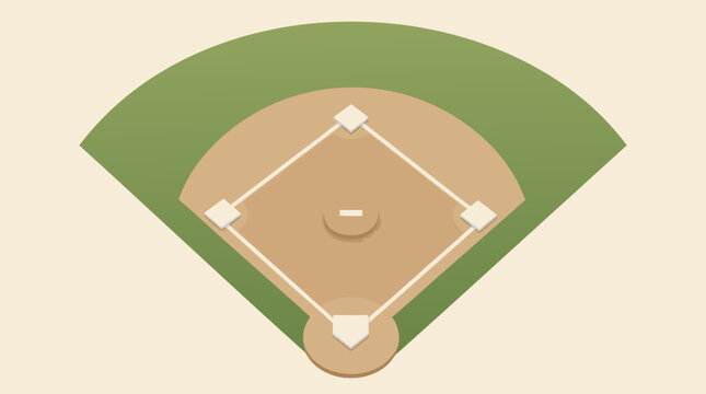 Top-down flat view of a baseball diamond field layout with brown infield, green outfield, and white bases in a clean flat vector illustration on a light background.