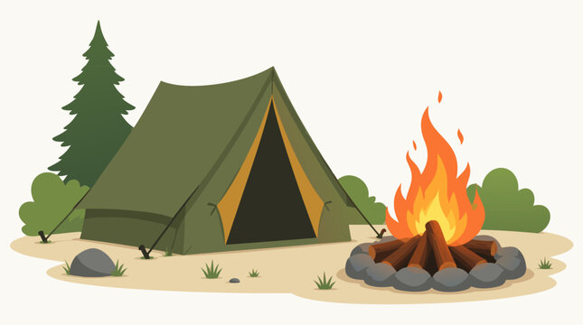 Green A-frame camping tent with an orange interior pitched next to a stone fire ring with a warm glowing campfire in a clean flat vector illustration on a light background.