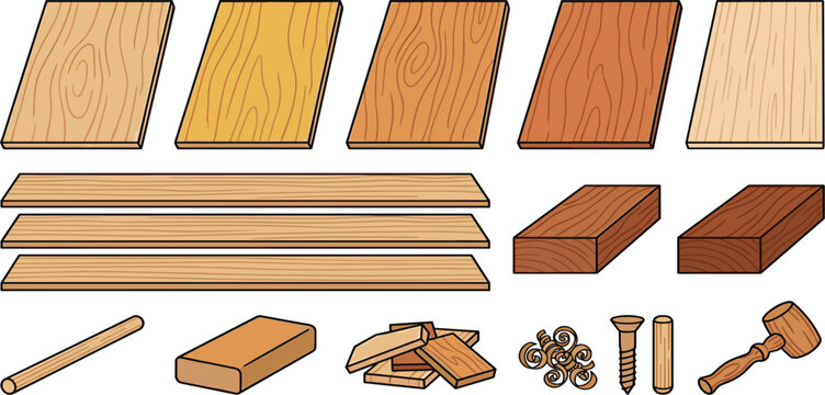 Wood materials and carpentry tools vector icon set with planks boards lumber texture mallet shavings and screw for construction