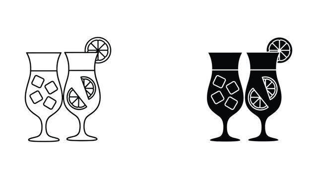 Refreshing cocktail glasses with lemon slices and ice cubes in linear and solid silhouette vector