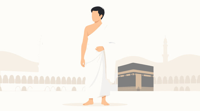 A pilgrim dressed in the traditional white ihram garments standing before the iconic Kaaba and Grand Mosque at Mecca, suitable for Hajj and Umrah editorial content, Islamic lifestyle branding, and Eid