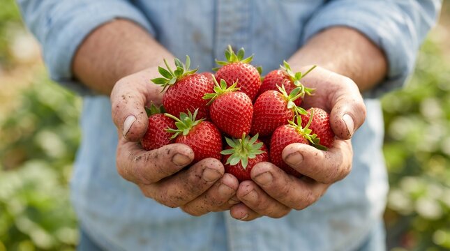 Farmer holding fresh organic red strawberries in dirty hands