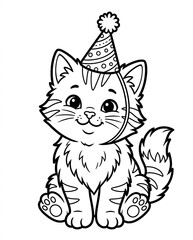 Fototapeta premium Cute kitten wearing a party hat, black and white line art illustration