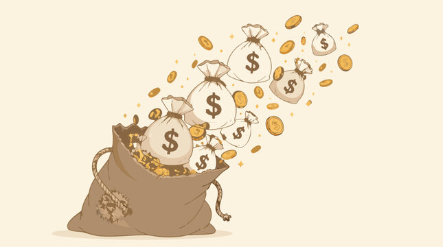 A large burlap money sack overflowing with smaller tied money bags and gold coins scattering from the top, ideal for financial success infographics, banking campaign visuals, and wealth management bra